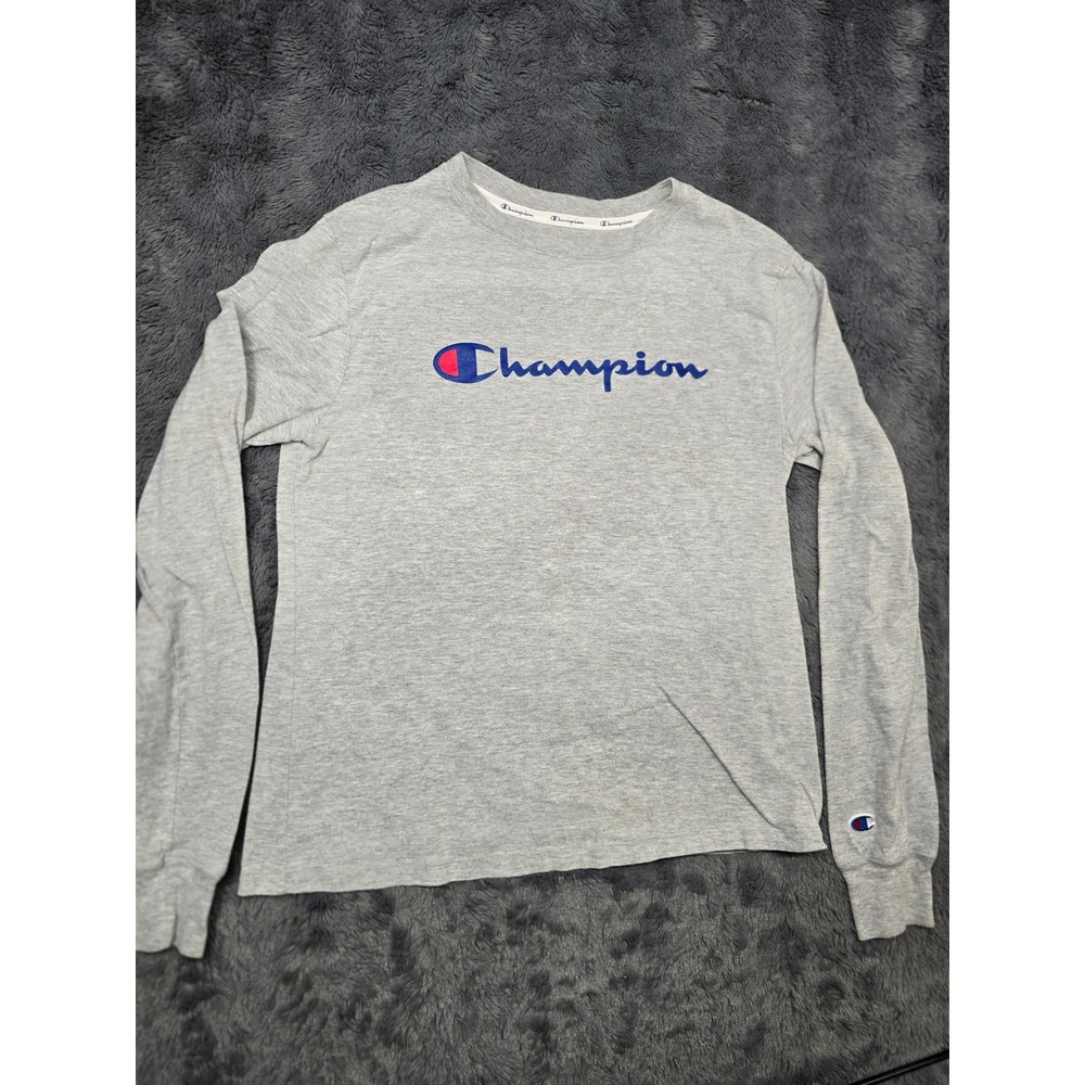 Champion Mens Long Sleeve‎ Graphic T-Shirt Heather Gray Script Logo Size M